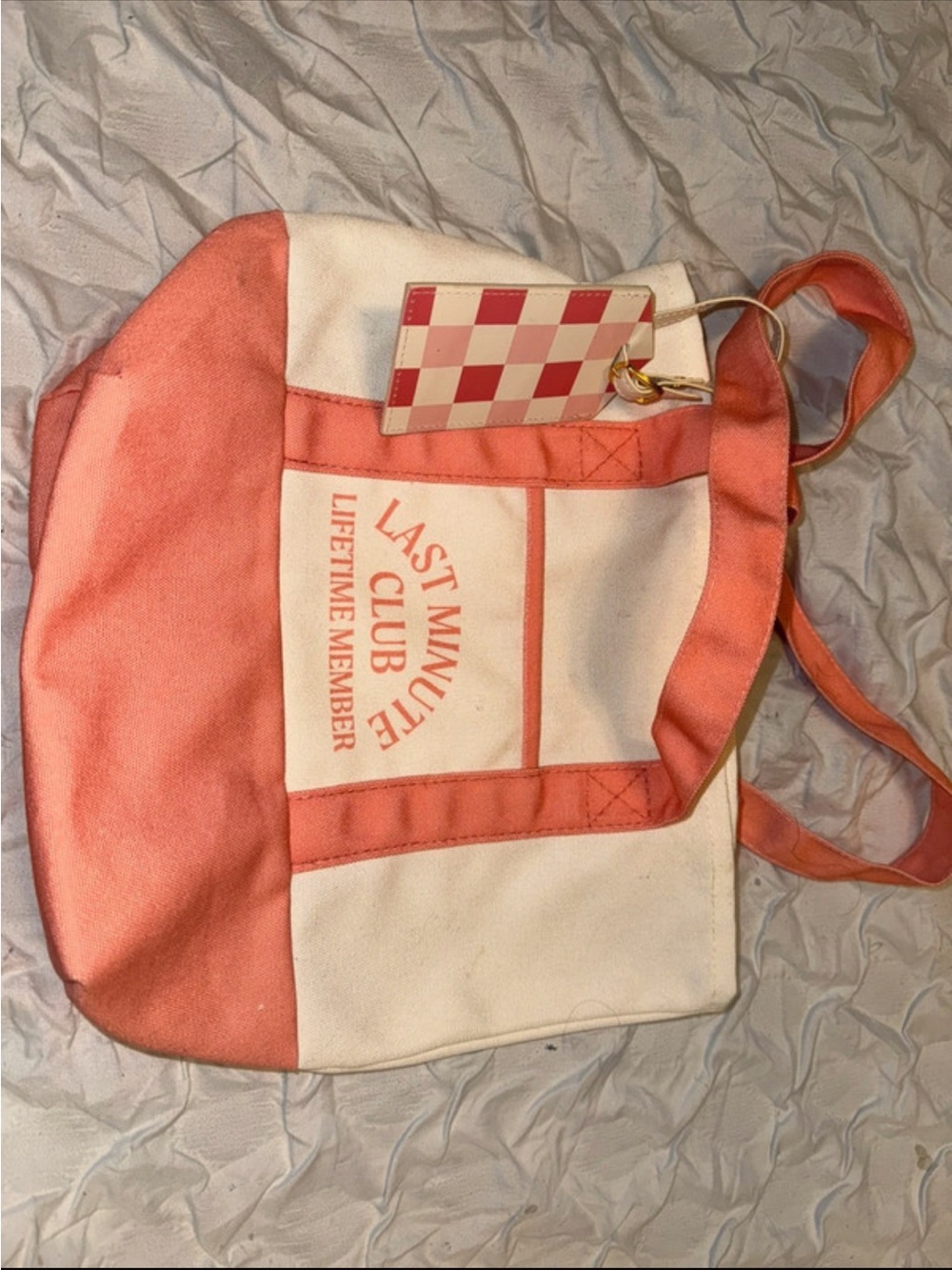 Last Minute Club Coral and Cream Canvas Tote Bag